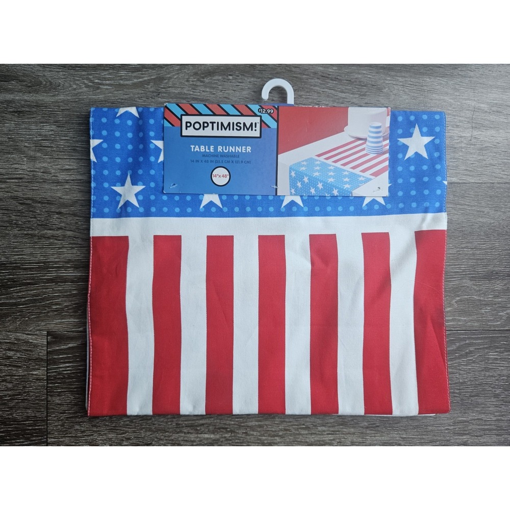 Poptimism! Patriotic Table Runner 14x48 Red White Blue Stars Stripes